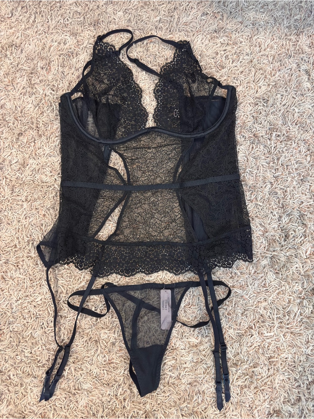 Victoria's Secret Black Lace Mesh Garter Chemise with Thong